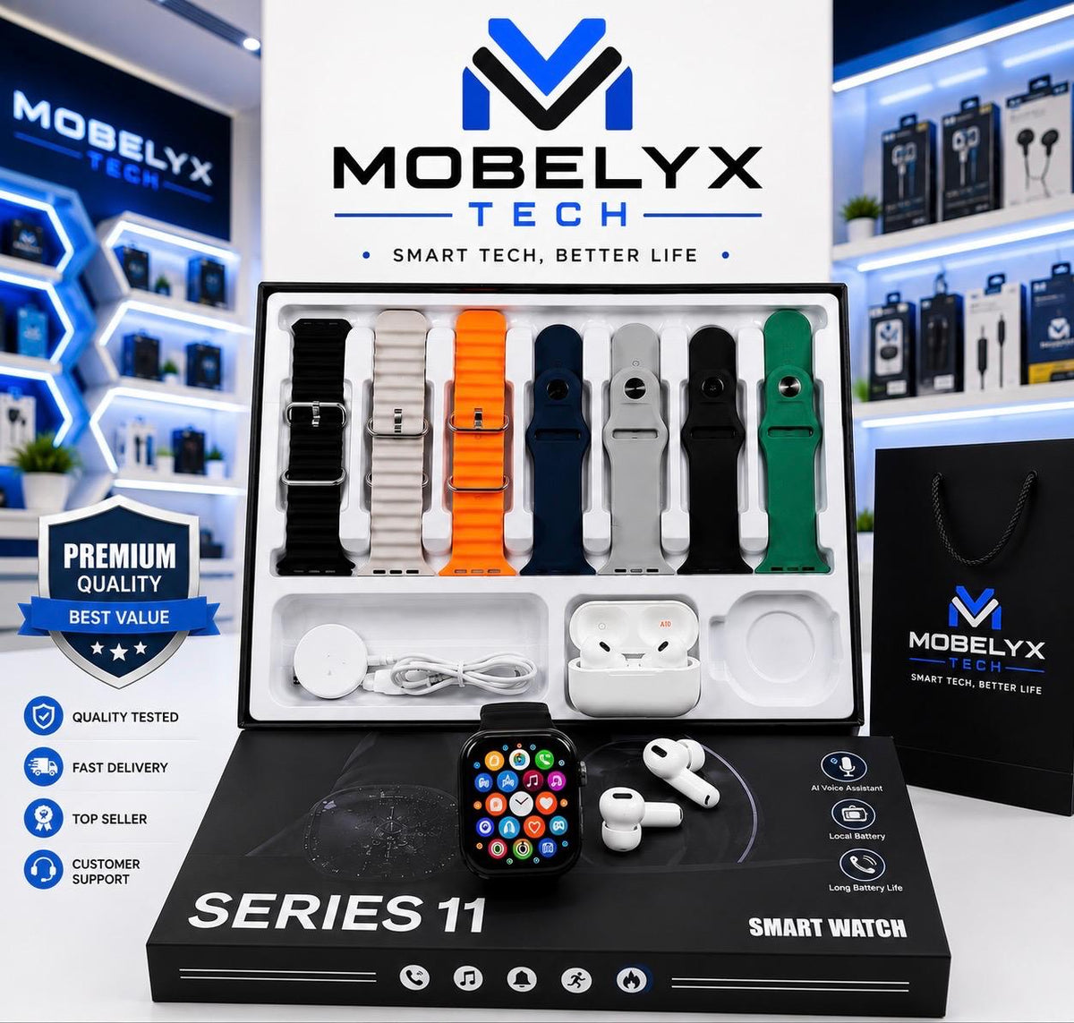Series 11 Smart Watch with 7-in-1 Straps & AirPods